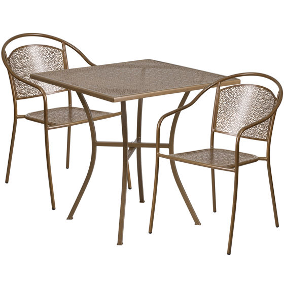 Oia Commercial Grade 28" Square Gold Indoor-Outdoor Steel Patio Table Set with 2 Round Back Chairs CO-28SQ-03CHR2-GD-GG