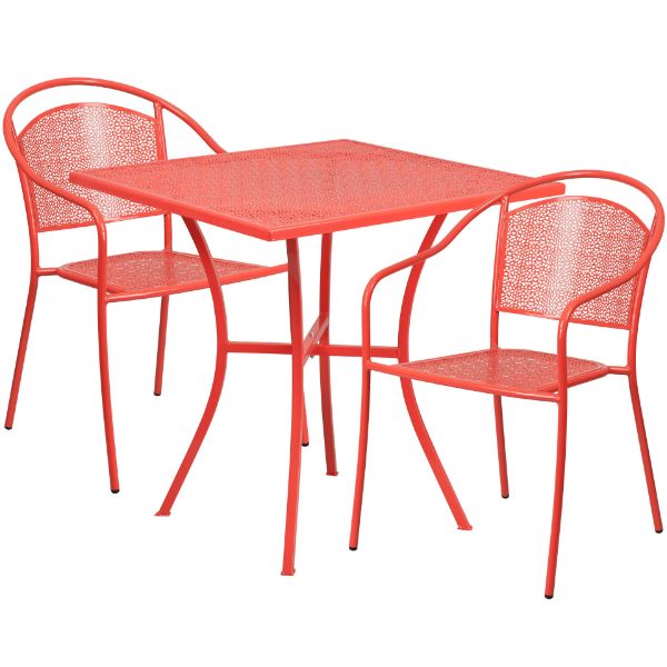 Oia Commercial Grade 28" Square Coral Indoor-Outdoor Steel Patio Table Set with 2 Round Back Chairs CO-28SQ-03CHR2-RED-GG