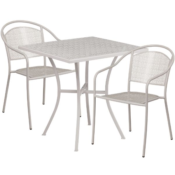 Oia Commercial Grade 28" Square Light Gray Indoor-Outdoor Steel Patio Table Set with 2 Round Back Chairs CO-28SQ-03CHR2-SIL-GG