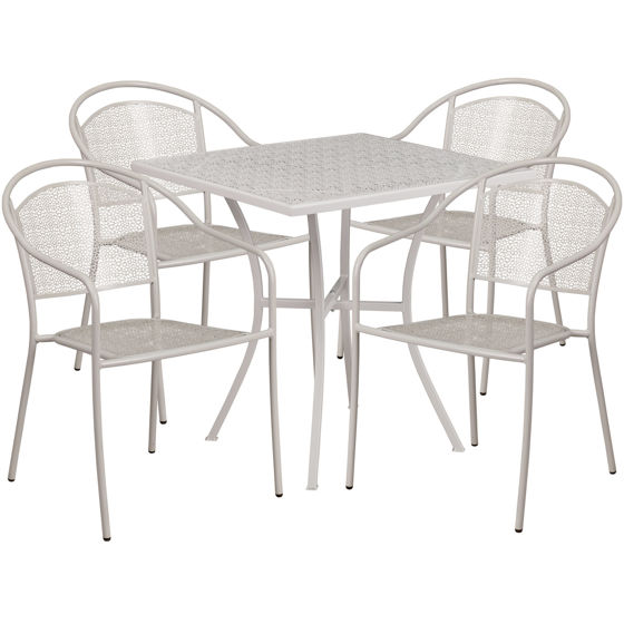 Oia Commercial Grade 28" Square Light Gray Indoor-Outdoor Steel Patio Table Set with 4 Round Back Chairs CO-28SQ-03CHR4-SIL-GG