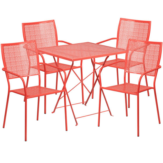 Oia Commercial Grade 28" Square Coral Indoor-Outdoor Steel Folding Patio Table Set with 4 Square Back Chairs CO-28SQF-02CHR4-RED-GG