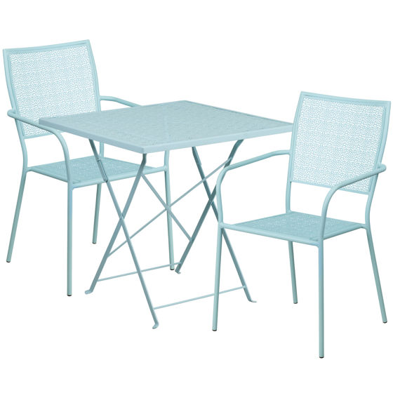 Oia Commercial Grade 28" Square Sky Blue Indoor-Outdoor Steel Folding Patio Table Set with 2 Square Back Chairs CO-28SQF-02CHR2-SKY-GG