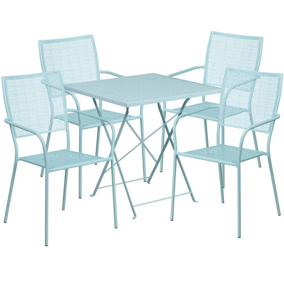 Oia Commercial Grade 28" Square Sky Blue Indoor-Outdoor Steel Folding Patio Table Set with 4 Square Back Chairs CO-28SQF-02CHR4-SKY-GG