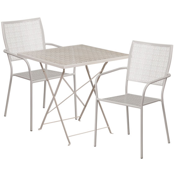 Oia Commercial Grade 28" Square Light Gray Indoor-Outdoor Steel Folding Patio Table Set with 2 Square Back Chairs CO-28SQF-02CHR2-SIL-GG
