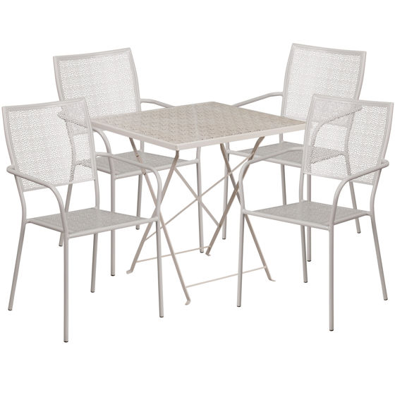Oia Commercial Grade 28" Square Light Gray Indoor-Outdoor Steel Folding Patio Table Set with 4 Square Back Chairs CO-28SQF-02CHR4-SIL-GG