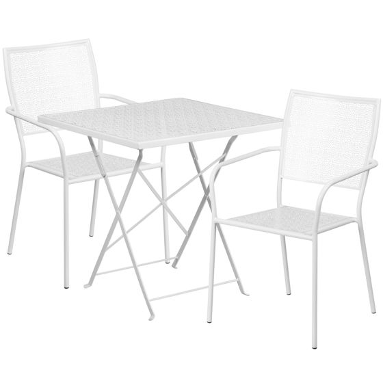 Oia Commercial Grade 28" Square White Indoor-Outdoor Steel Folding Patio Table Set with 2 Square Back Chairs CO-28SQF-02CHR2-WH-GG