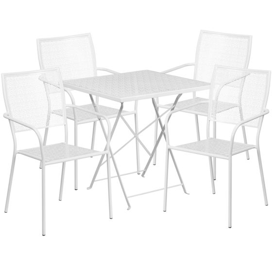 Oia Commercial Grade 28" Square White Indoor-Outdoor Steel Folding Patio Table Set with 4 Square Back Chairs CO-28SQF-02CHR4-WH-GG