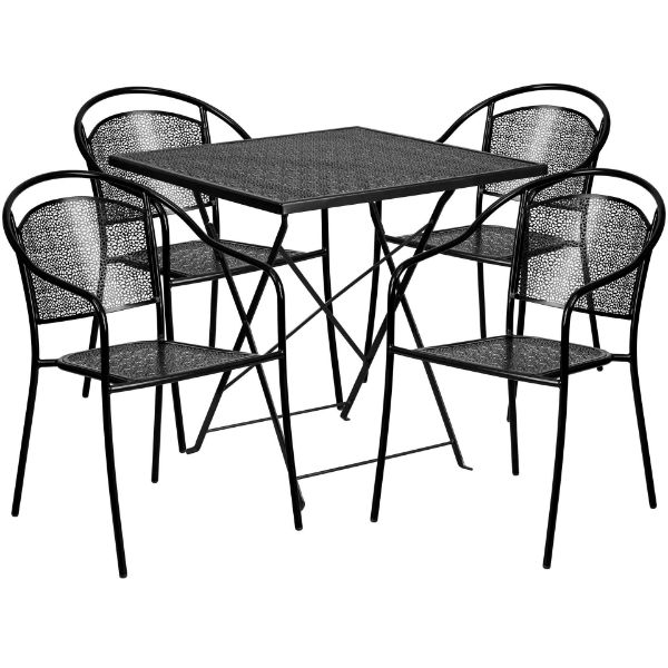 Oia Commercial Grade 28" Square Black Indoor-Outdoor Steel Folding Patio Table Set with 4 Round Back Chairs CO-28SQF-03CHR4-BK-GG