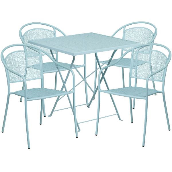 Oia Commercial Grade 28" Square Sky Blue Indoor-Outdoor Steel Folding Patio Table Set with 4 Round Back Chairs CO-28SQF-03CHR4-SKY-GG