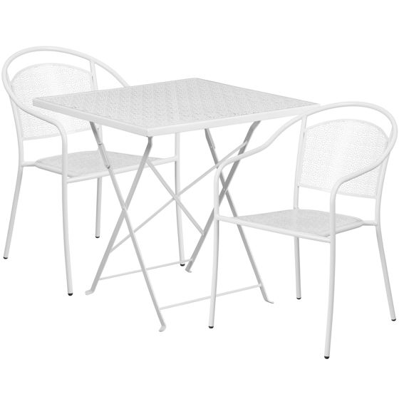 Oia Commercial Grade 28" Square White Indoor-Outdoor Steel Folding Patio Table Set with 2 Round Back Chairs CO-28SQF-03CHR2-WH-GG