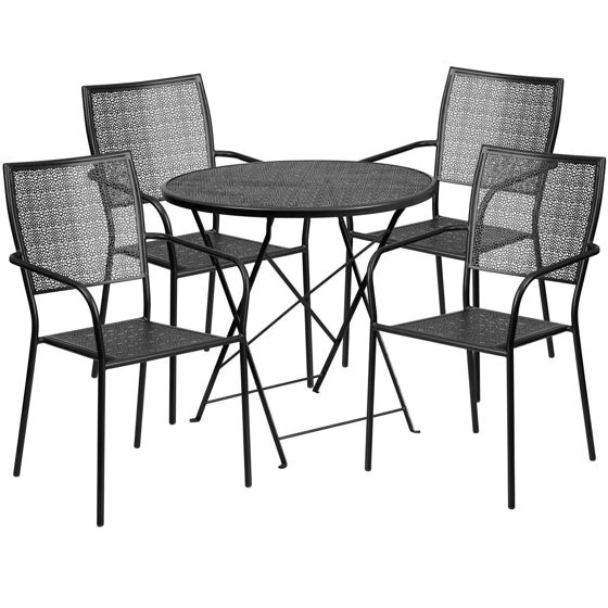 Oia Commercial Grade 30" Round Black Indoor-Outdoor Steel Folding Patio Table Set with 4 Square Back Chairs CO-30RDF-02CHR4-BK-GG