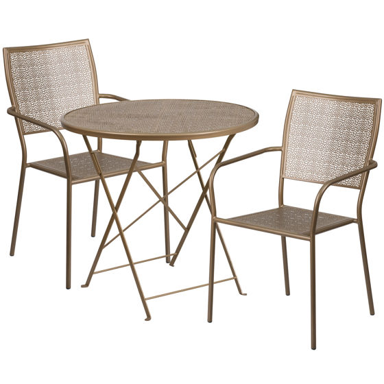 Oia Commercial Grade 30" Round Gold Indoor-Outdoor Steel Folding Patio Table Set with 2 Square Back Chairs CO-30RDF-02CHR2-GD-GG