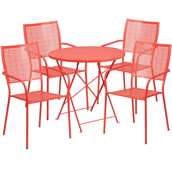 Oia Commercial Grade 30" Round Coral Indoor-Outdoor Steel Folding Patio Table Set with 4 Square Back Chairs CO-30RDF-02CHR4-RED-GG