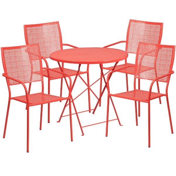 Oia Commercial Grade 30" Round Coral Indoor-Outdoor Steel Folding Patio Table Set with 4 Square Back Chairs CO-30RDF-02CHR4-RED-GG