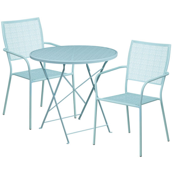 Oia Commercial Grade 30" Round Sky Blue Indoor-Outdoor Steel Folding Patio Table Set with 2 Square Back Chairs CO-30RDF-02CHR2-SKY-GG