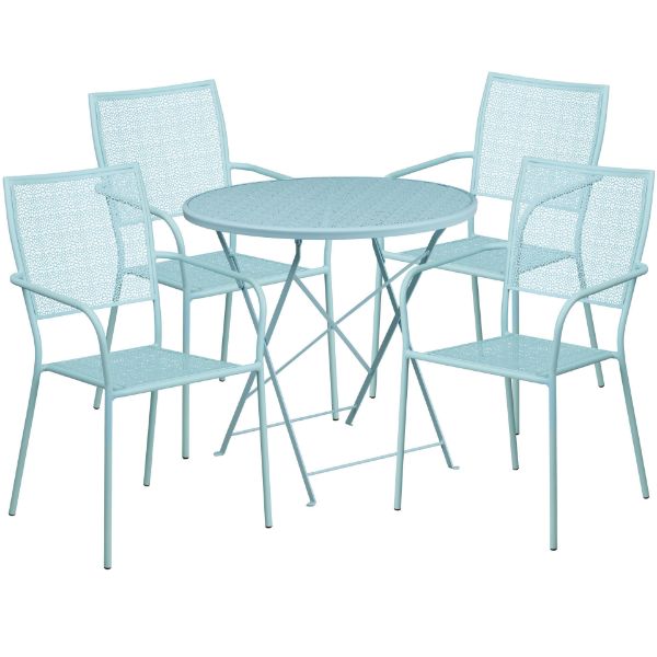 Oia Commercial Grade 30" Round Sky Blue Indoor-Outdoor Steel Folding Patio Table Set with 4 Square Back Chairs CO-30RDF-02CHR4-SKY-GG