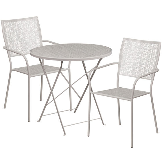 Oia Commercial Grade 30" Round Light Gray Indoor-Outdoor Steel Folding Patio Table Set with 2 Square Back Chairs CO-30RDF-02CHR2-SIL-GG