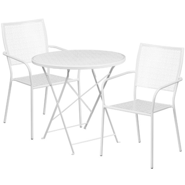 Oia Commercial Grade 30" Round White Indoor-Outdoor Steel Folding Patio Table Set with 2 Square Back Chairs CO-30RDF-02CHR2-WH-GG