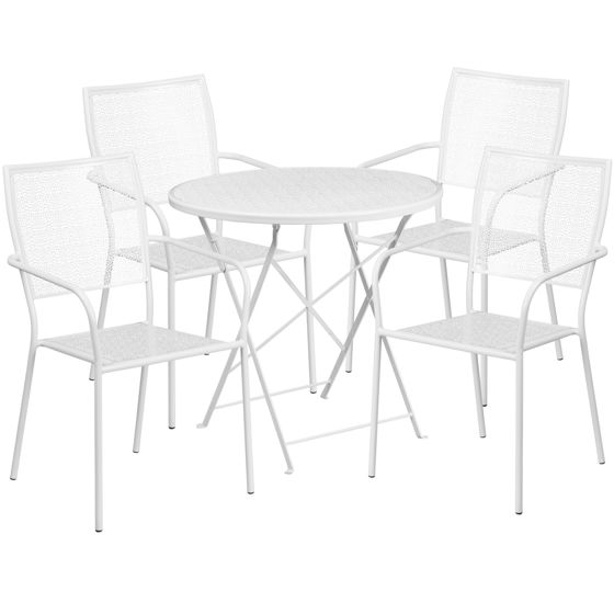 Oia Commercial Grade 30" Round White Indoor-Outdoor Steel Folding Patio Table Set with 4 Square Back Chairs CO-30RDF-02CHR4-WH-GG
