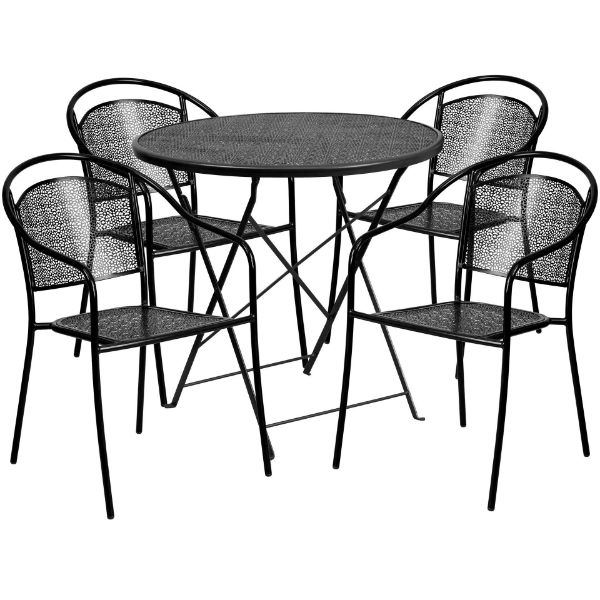 Oia Commercial Grade 30" Round Black Indoor-Outdoor Steel Folding Patio Table Set with 4 Round Back Chairs CO-30RDF-03CHR4-BK-GG