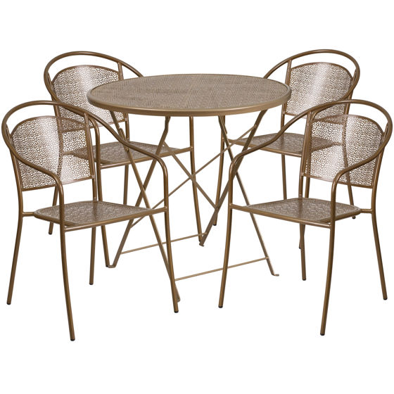 Oia Commercial Grade 30" Round Gold Indoor-Outdoor Steel Folding Patio Table Set with 4 Round Back Chairs CO-30RDF-03CHR4-GD-GG