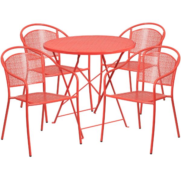 Oia Commercial Grade 30" Round Coral Indoor-Outdoor Steel Folding Patio Table Set with 4 Round Back Chairs CO-30RDF-03CHR4-RED-GG