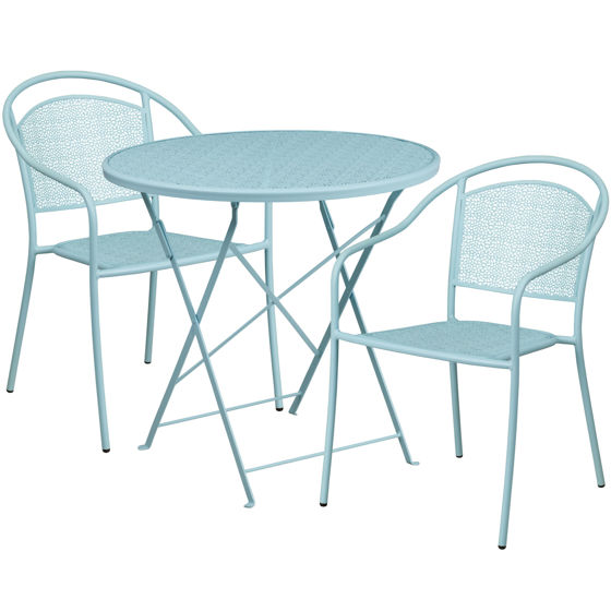 Oia Commercial Grade 30" Round Sky Blue Indoor-Outdoor Steel Folding Patio Table Set with 2 Round Back Chairs CO-30RDF-03CHR2-SKY-GG