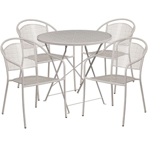 Oia Commercial Grade 30" Round Light Gray Indoor-Outdoor Steel Folding Patio Table Set with 4 Round Back Chairs CO-30RDF-03CHR4-SIL-GG