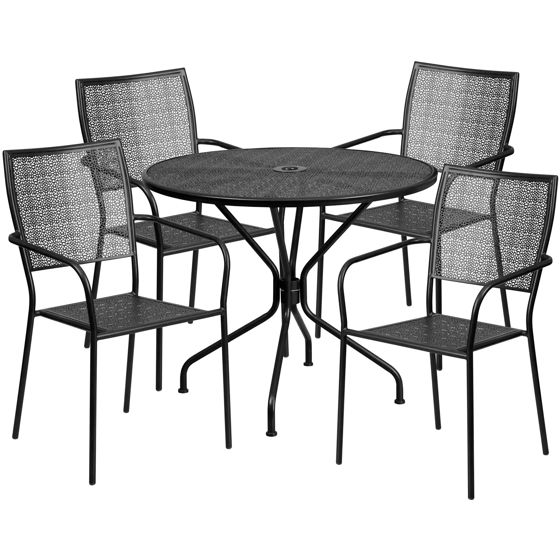 Oia Commercial Grade 35.25" Round Black Indoor-Outdoor Steel Patio Table Set with 4 Square Back Chairs CO-35RD-02CHR4-BK-GG