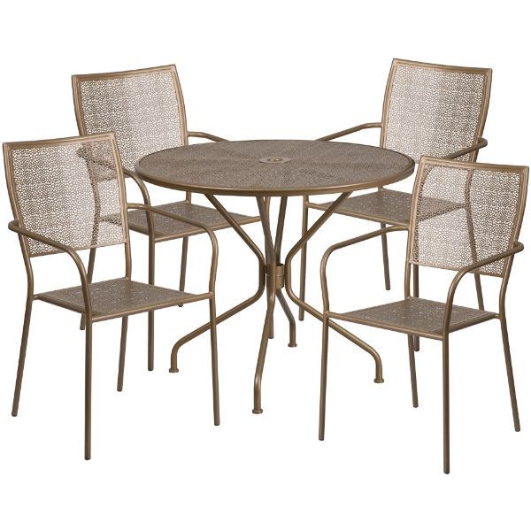 Oia Commercial Grade 35.25" Round Gold Indoor-Outdoor Steel Patio Table Set with 4 Square Back Chairs CO-35RD-02CHR4-GD-GG