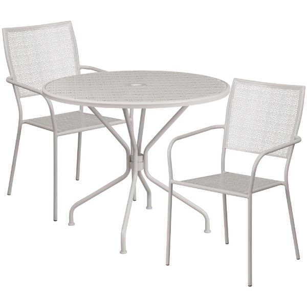 Oia Commercial Grade 35.25" Round Light Gray Indoor-Outdoor Steel Patio Table Set with 2 Square Back Chairs CO-35RD-02CHR2-SIL-GG