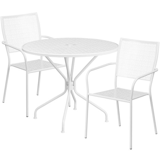 Oia Commercial Grade 35.25" Round White Indoor-Outdoor Steel Patio Table Set with 2 Square Back Chairs CO-35RD-02CHR2-WH-GG