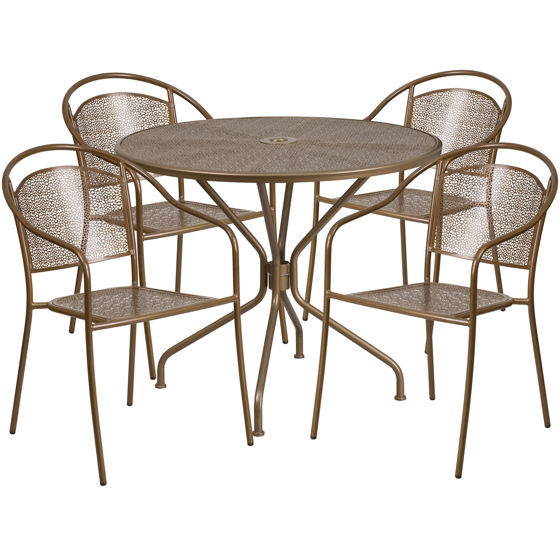 Oia Commercial Grade 35.25" Round Gold Indoor-Outdoor Steel Patio Table Set with 4 Round Back Chairs CO-35RD-03CHR4-GD-GG