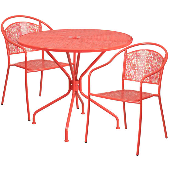 Oia Commercial Grade 35.25" Round Coral Indoor-Outdoor Steel Patio Table Set with 2 Round Back Chairs CO-35RD-03CHR2-RED-GG