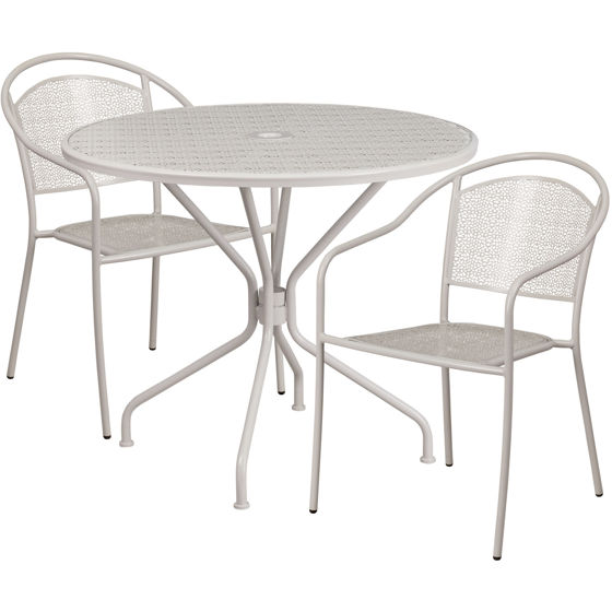 Oia Commercial Grade 35.25" Round Light Gray Indoor-Outdoor Steel Patio Table Set with 2 Round Back Chairs CO-35RD-03CHR2-SIL-GG