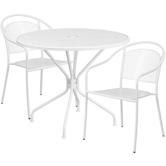 Oia Commercial Grade 35.25" Round White Indoor-Outdoor Steel Patio Table Set with 2 Round Back Chairs CO-35RD-03CHR2-WH-GG