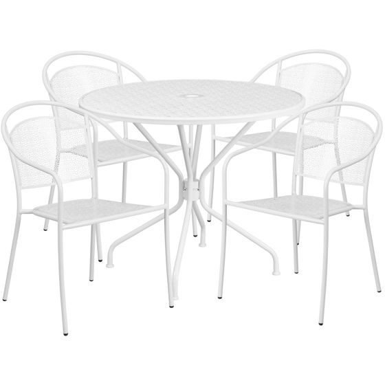 Oia Commercial Grade 35.25" Round White Indoor-Outdoor Steel Patio Table Set with 4 Round Back Chairs CO-35RD-03CHR4-WH-GG