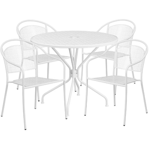 Oia Commercial Grade 35.25" Round White Indoor-Outdoor Steel Patio Table Set with 4 Round Back Chairs CO-35RD-03CHR4-WH-GG