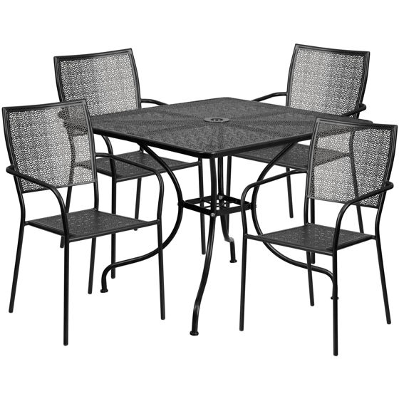Oia Commercial Grade 35.5" Square Black Indoor-Outdoor Steel Patio Table Set with 4 Square Back Chairs CO-35SQ-02CHR4-BK-GG