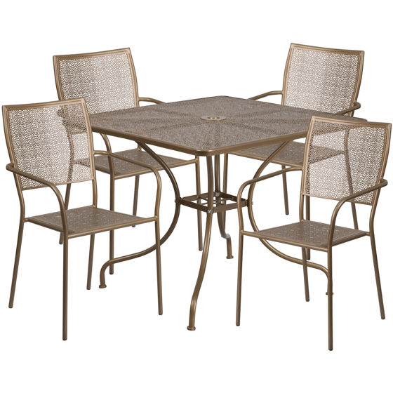 Oia Commercial Grade 35.5" Square Gold Indoor-Outdoor Steel Patio Table Set with 4 Square Back Chairs CO-35SQ-02CHR4-GD-GG