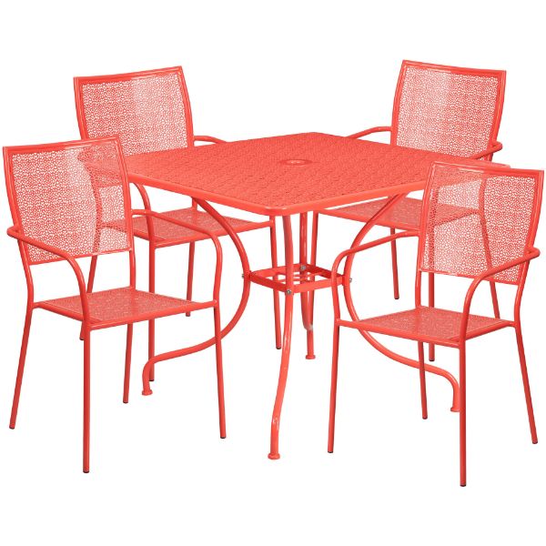 Oia Commercial Grade 35.5" Square Coral Indoor-Outdoor Steel Patio Table Set with 4 Square Back Chairs CO-35SQ-02CHR4-RED-GG