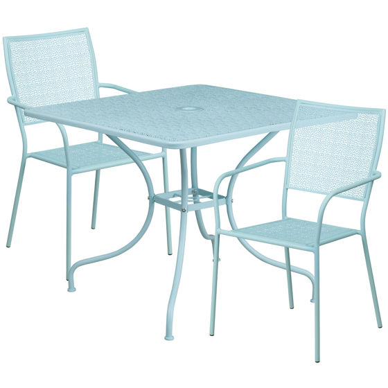 Oia Commercial Grade 35.5" Square Sky Blue Indoor-Outdoor Steel Patio Table Set with 2 Square Back Chairs CO-35SQ-02CHR2-SKY-GG