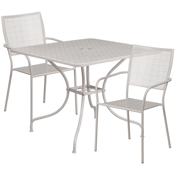 Oia Commercial Grade 35.5" Square Light Gray Indoor-Outdoor Steel Patio Table Set with 2 Square Back Chairs CO-35SQ-02CHR2-SIL-GG