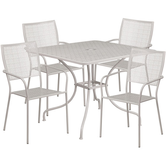 Oia Commercial Grade 35.5" Square Light Gray Indoor-Outdoor Steel Patio Table Set with 4 Square Back Chairs CO-35SQ-02CHR4-SIL-GG