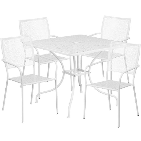 Oia Commercial Grade 35.5" Square White Indoor-Outdoor Steel Patio Table Set with 4 Square Back Chairs CO-35SQ-02CHR4-WH-GG