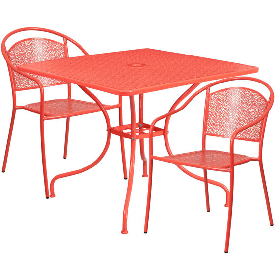Oia Commercial Grade 35.5" Square Coral Indoor-Outdoor Steel Patio Table Set with 2 Round Back Chairs CO-35SQ-03CHR2-RED-GG