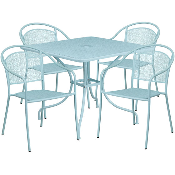 Oia Commercial Grade 35.5" Square Sky Blue Indoor-Outdoor Steel Patio Table Set with 4 Round Back Chairs CO-35SQ-03CHR4-SKY-GG