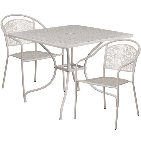 Oia Commercial Grade 35.5" Square Light Gray Indoor-Outdoor Steel Patio Table Set with 2 Round Back Chairs CO-35SQ-03CHR2-SIL-GG