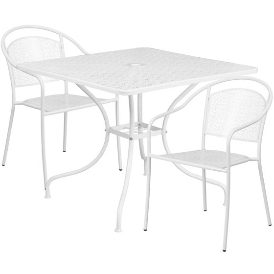 Oia Commercial Grade 35.5" Square White Indoor-Outdoor Steel Patio Table Set with 2 Round Back Chairs CO-35SQ-03CHR2-WH-GG