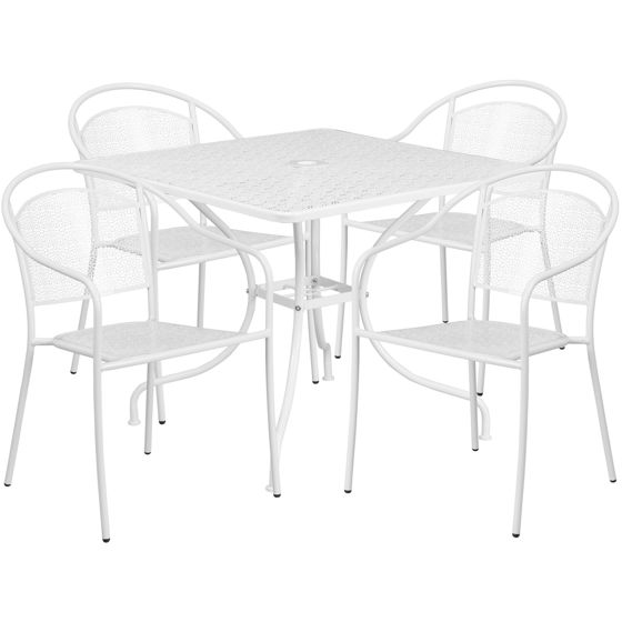 Oia Commercial Grade 35.5" Square White Indoor-Outdoor Steel Patio Table Set with 4 Round Back Chairs CO-35SQ-03CHR4-WH-GG